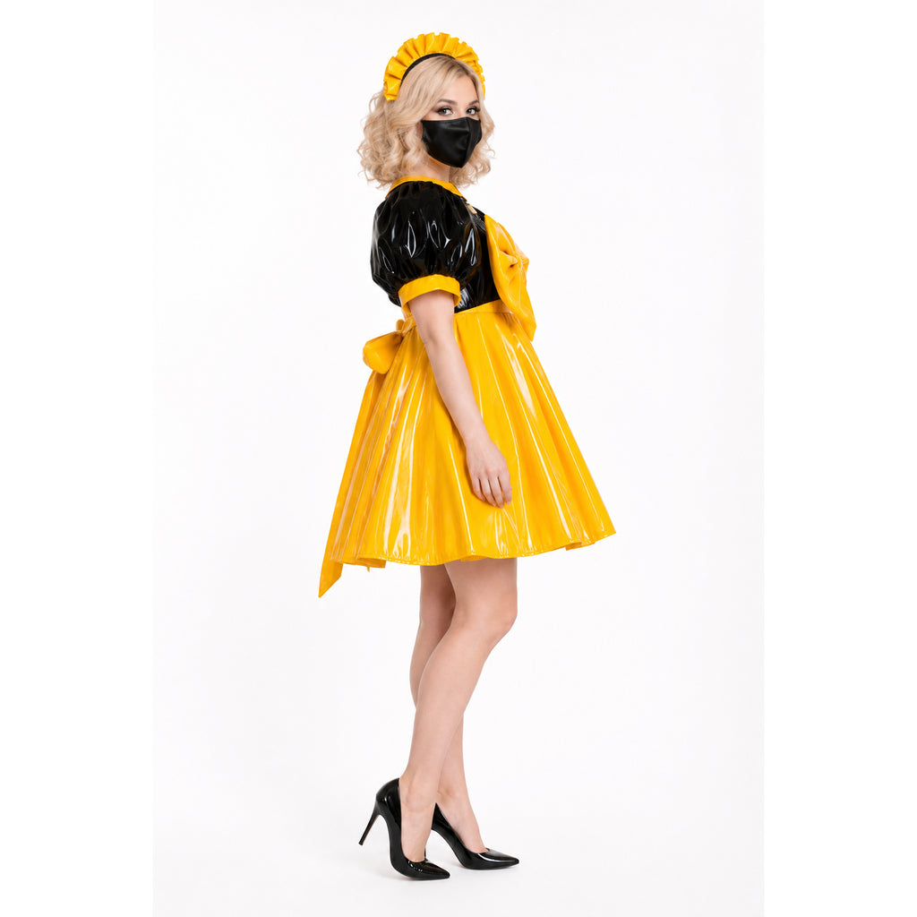 Yellow and black PVC sissy maid dress with ruffled headband and high heels