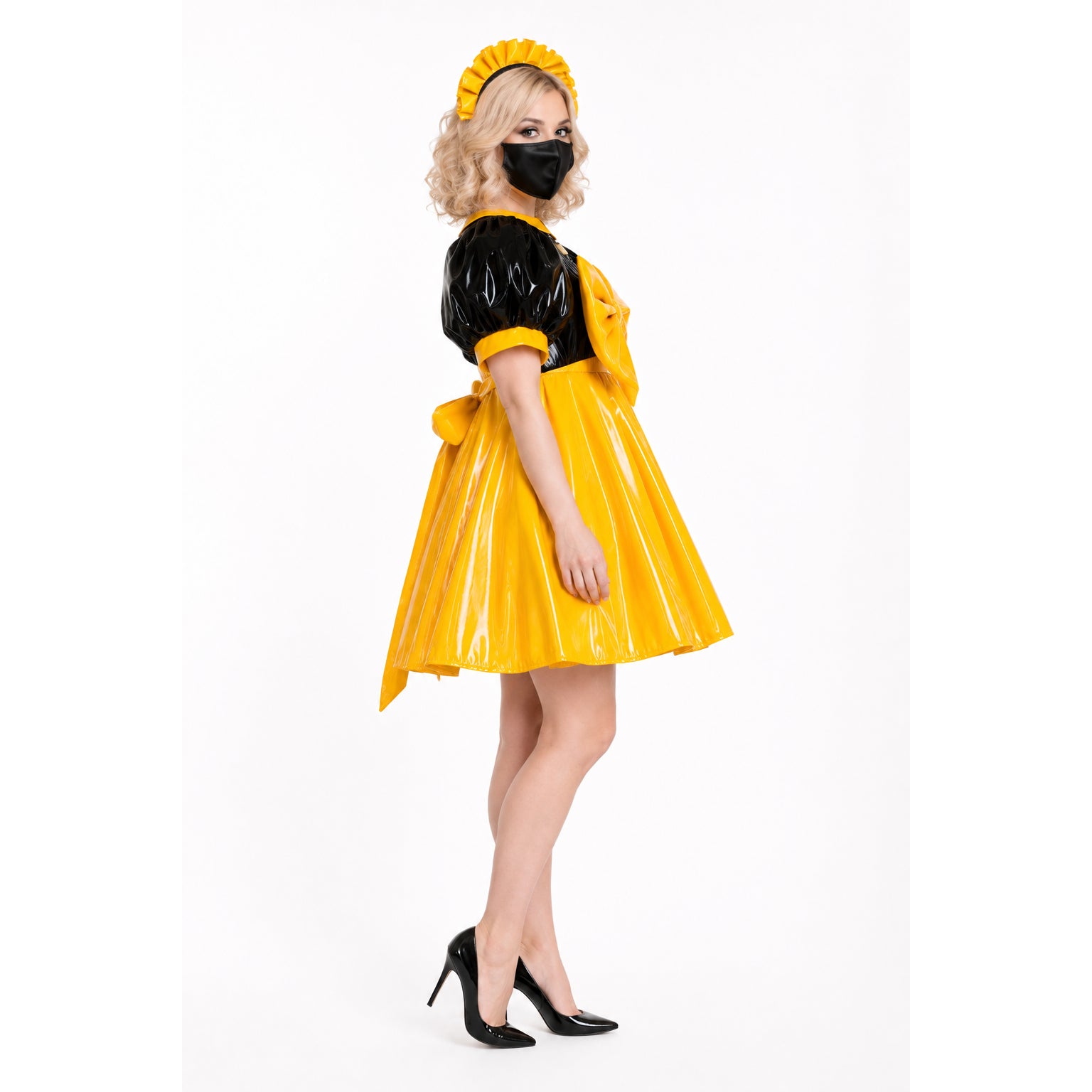 Yellow and black PVC sissy maid dress with ruffled headband and high heels