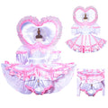Pink and white sissy maid dress set with heart hood, ruffles, and bows on mannequin