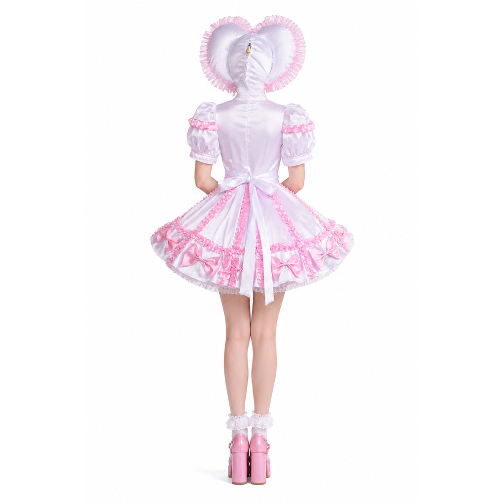 Pink and white sissy maid dress with ruffles, bows, and heart-shaped hood, back view