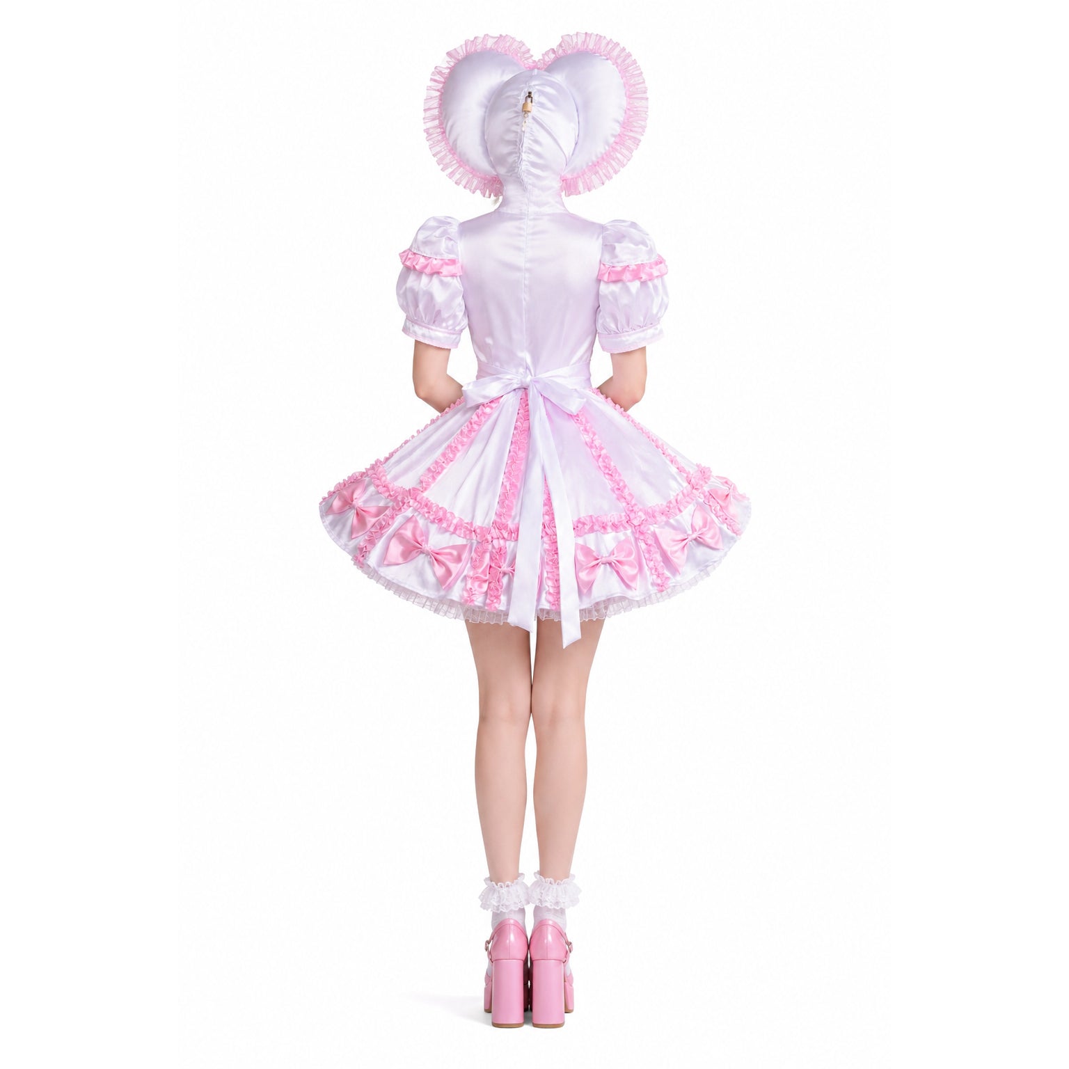 Pink and white sissy maid dress with ruffles, bows, and heart-shaped hood, back view