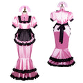 Pink sissy maid dress with black ruffles, puff sleeves, and matching hat, shown front and back