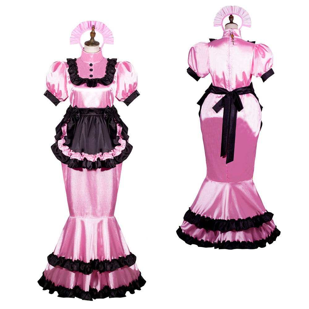 Pink sissy maid dress with black ruffles, puff sleeves, and matching hat, shown front and back