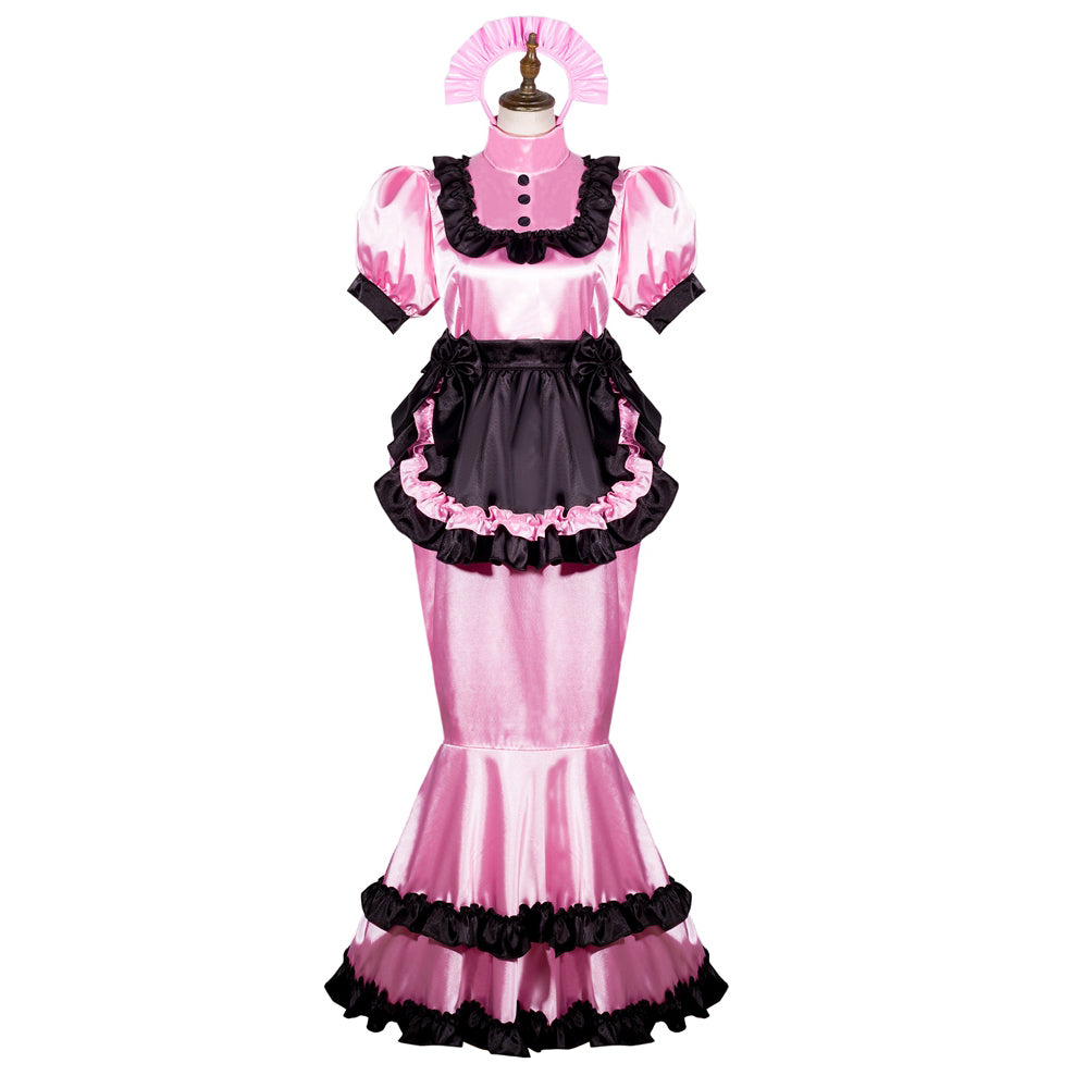 Pink and black sissy maid dress with ruffles, puff sleeves, and matching headband on mannequin