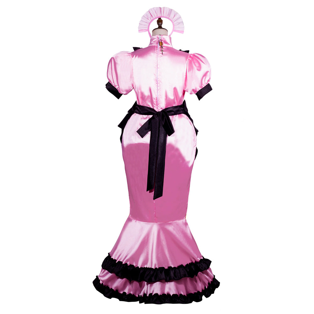 Pink sissy maid dress with black trim, bow, and ruffles, shown from back on mannequin
