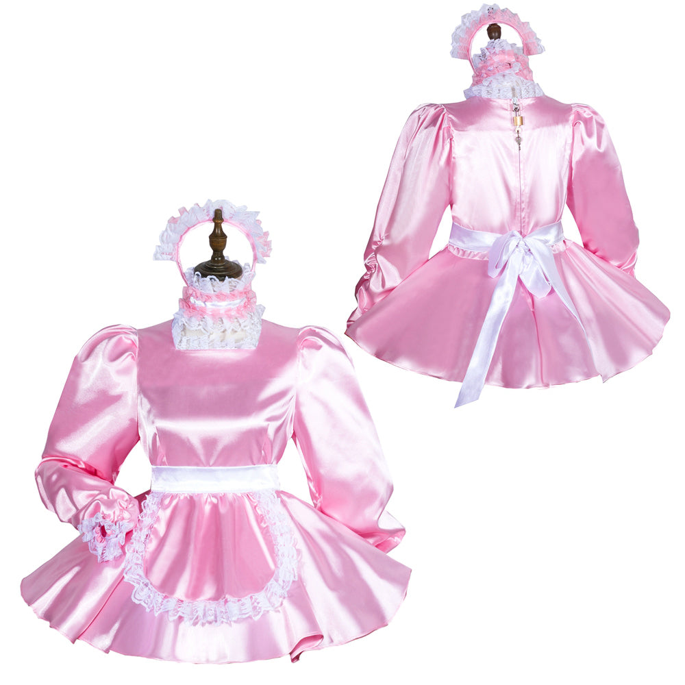 Pink satin sissy maid dress with lace trim, white bow, and matching headpiece, shown front and back