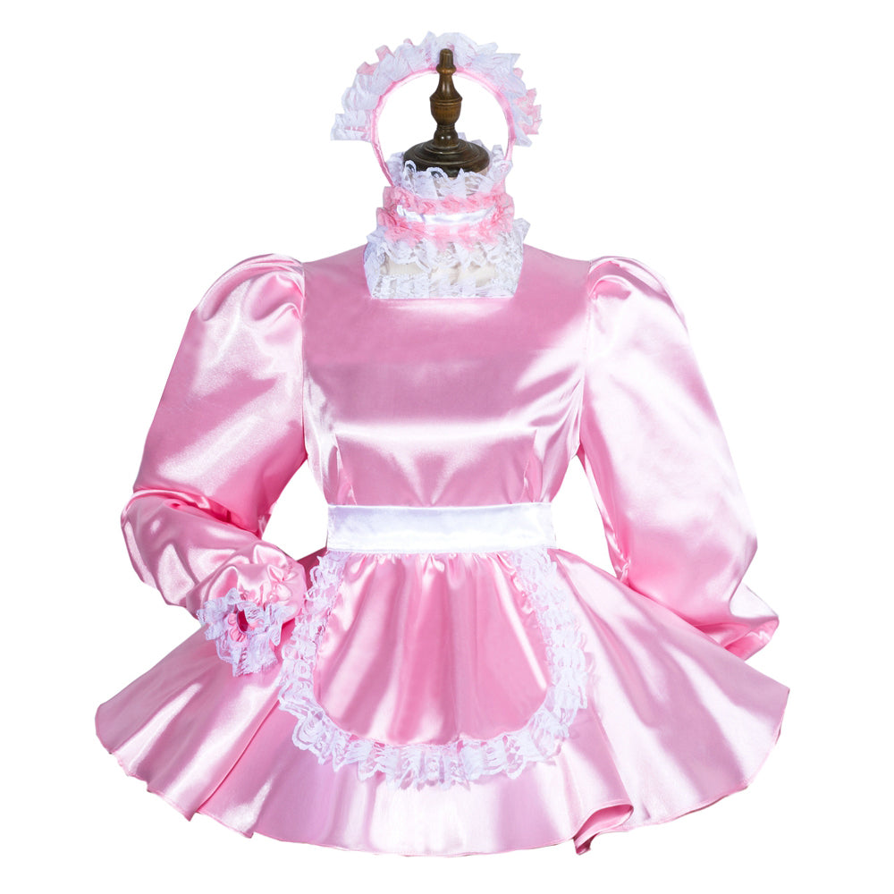 Pink satin sissy maid dress with lace trim, puffed sleeves, and matching headband on mannequin