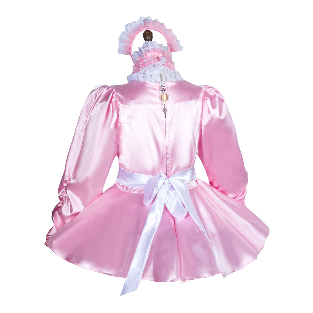 Pink satin sissy maid dress with white bow, lace collar, and lockable back zipper