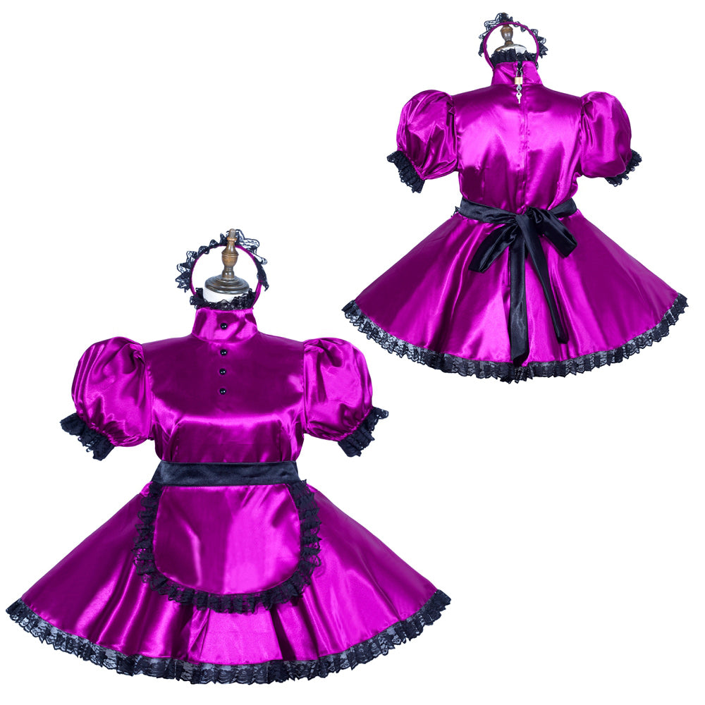 Purple satin sissy maid dress with black lace trim and matching headpiece, front and back view