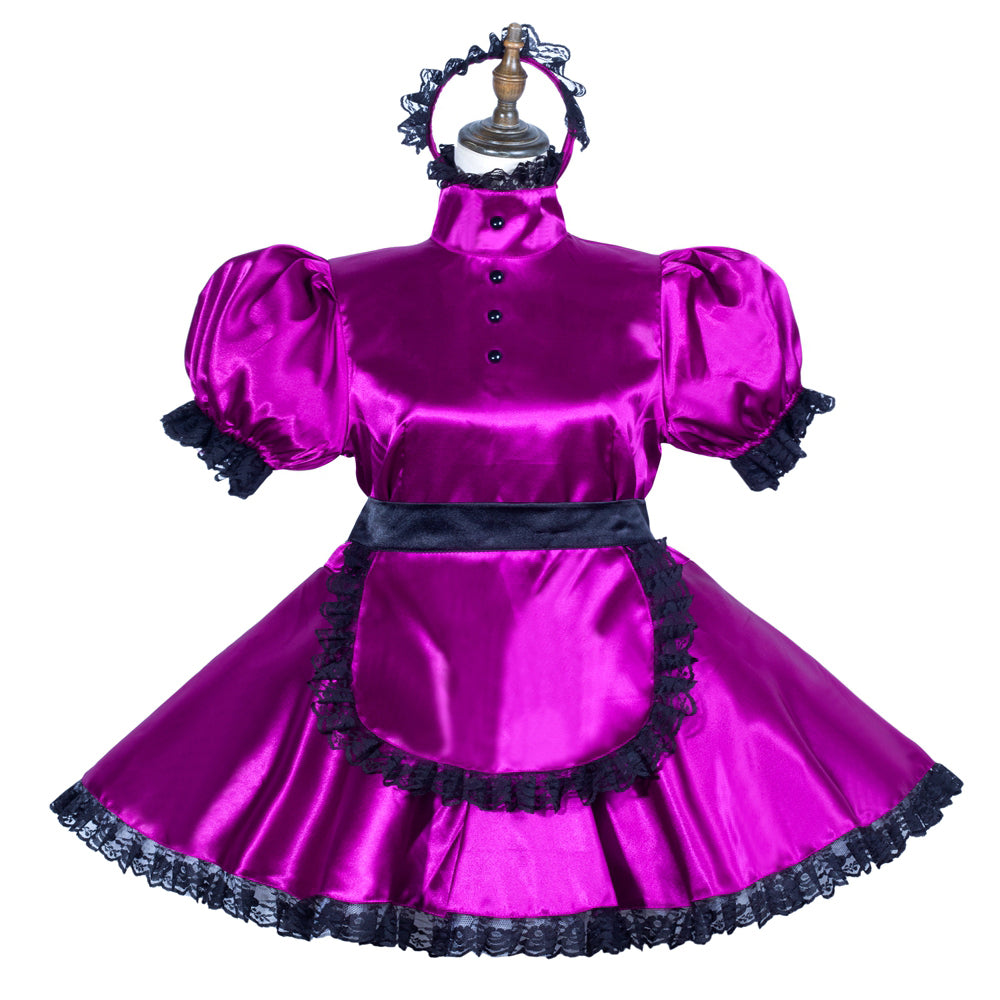 Vibrant purple sissy maid dress with black lace trim, puffed sleeves, and matching headband on mannequin