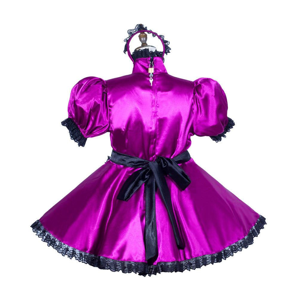 Purple satin sissy maid dress with black lace trim and back bow, lockable design
