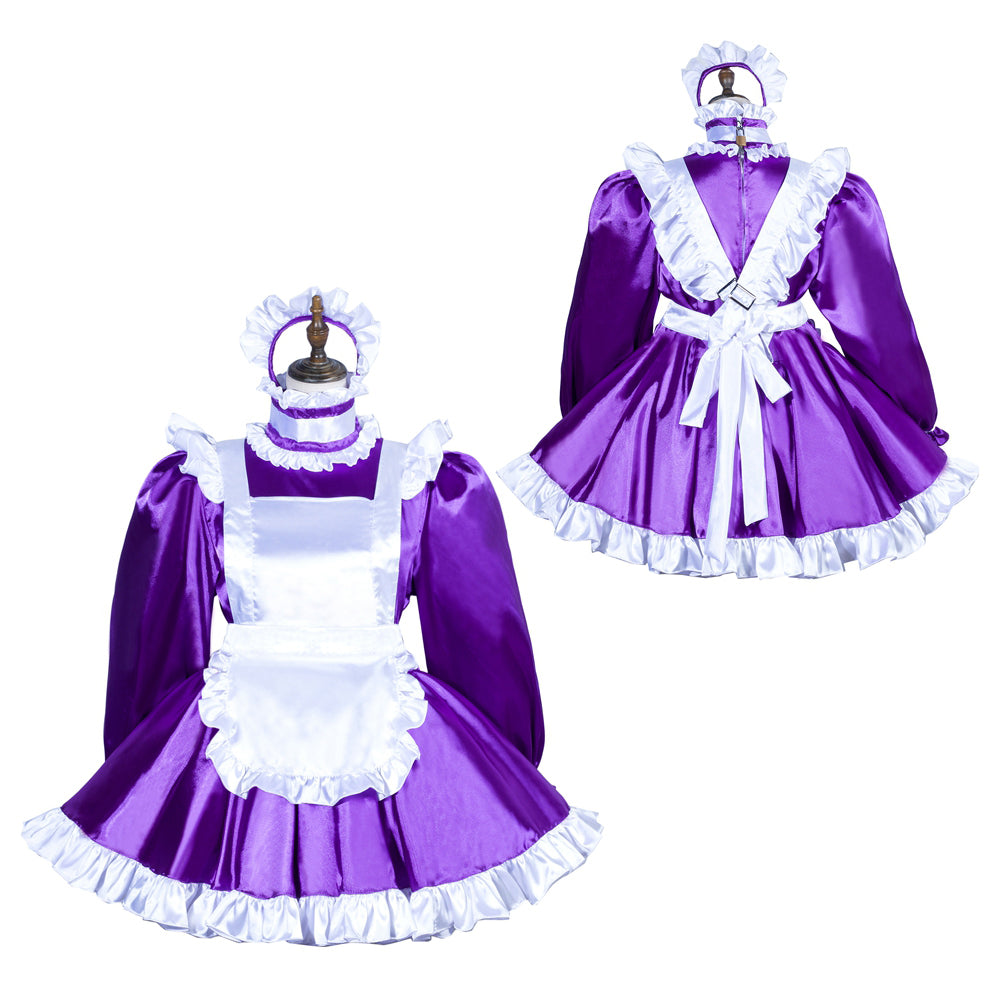 Purple sissy maid dress with white apron and ruffles, featuring satin fabric and elegant design