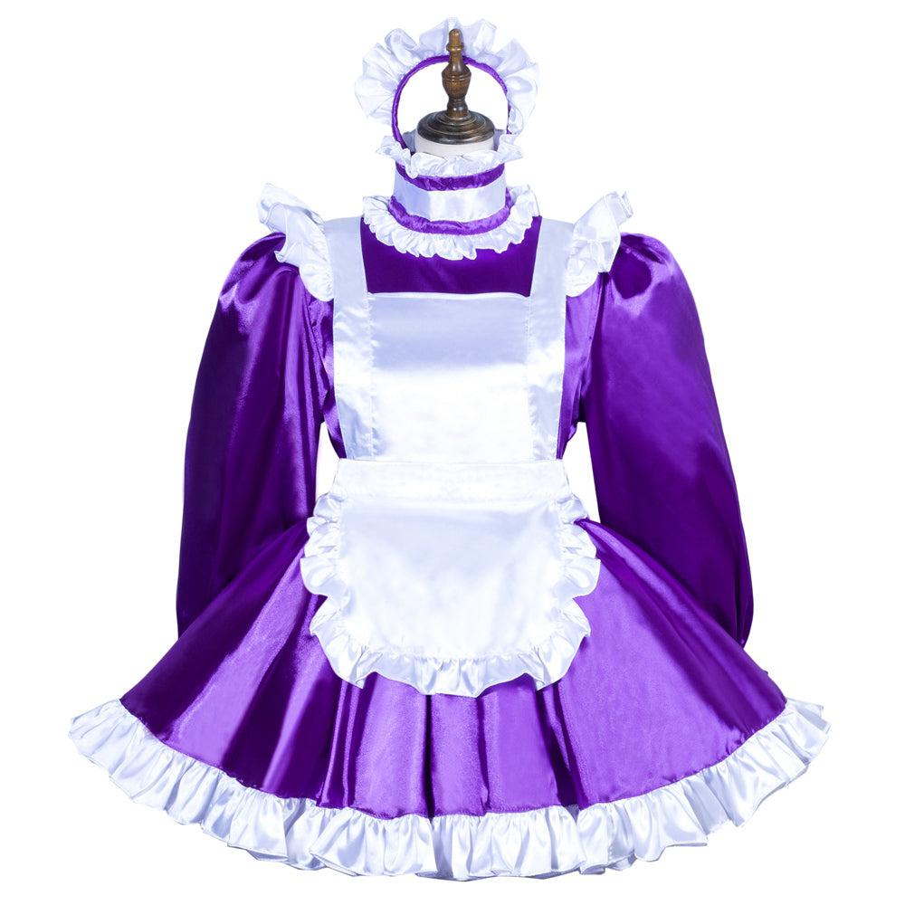 Purple sissy maid dress with white apron and ruffles, displayed on mannequin