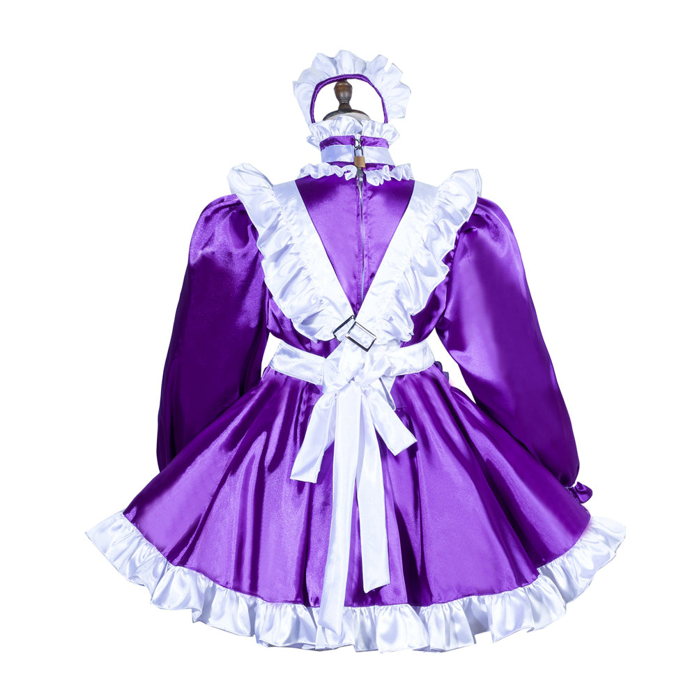 Purple sissy maid dress with white ruffles and bow, featuring satin fabric and elegant design