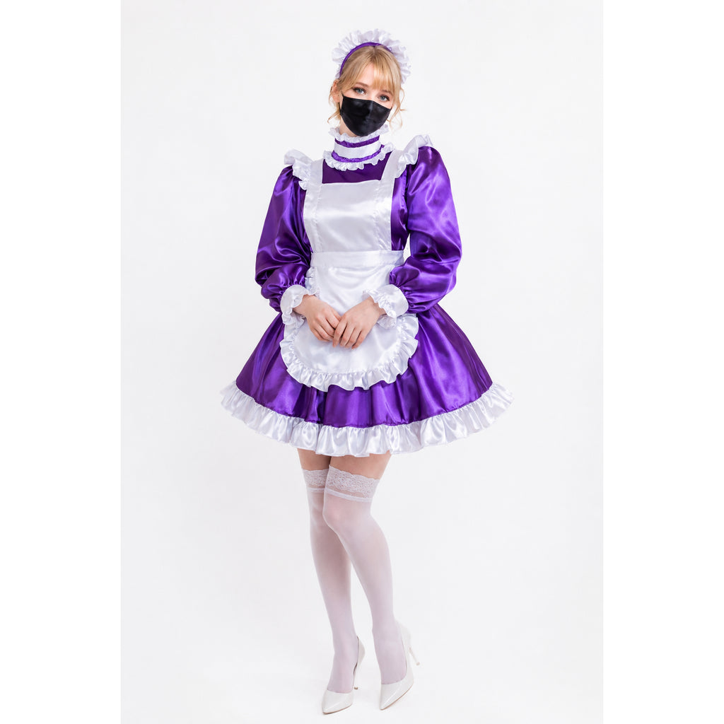 Purple sissy maid dress with white apron, ruffles, and lace stockings for costume fashion