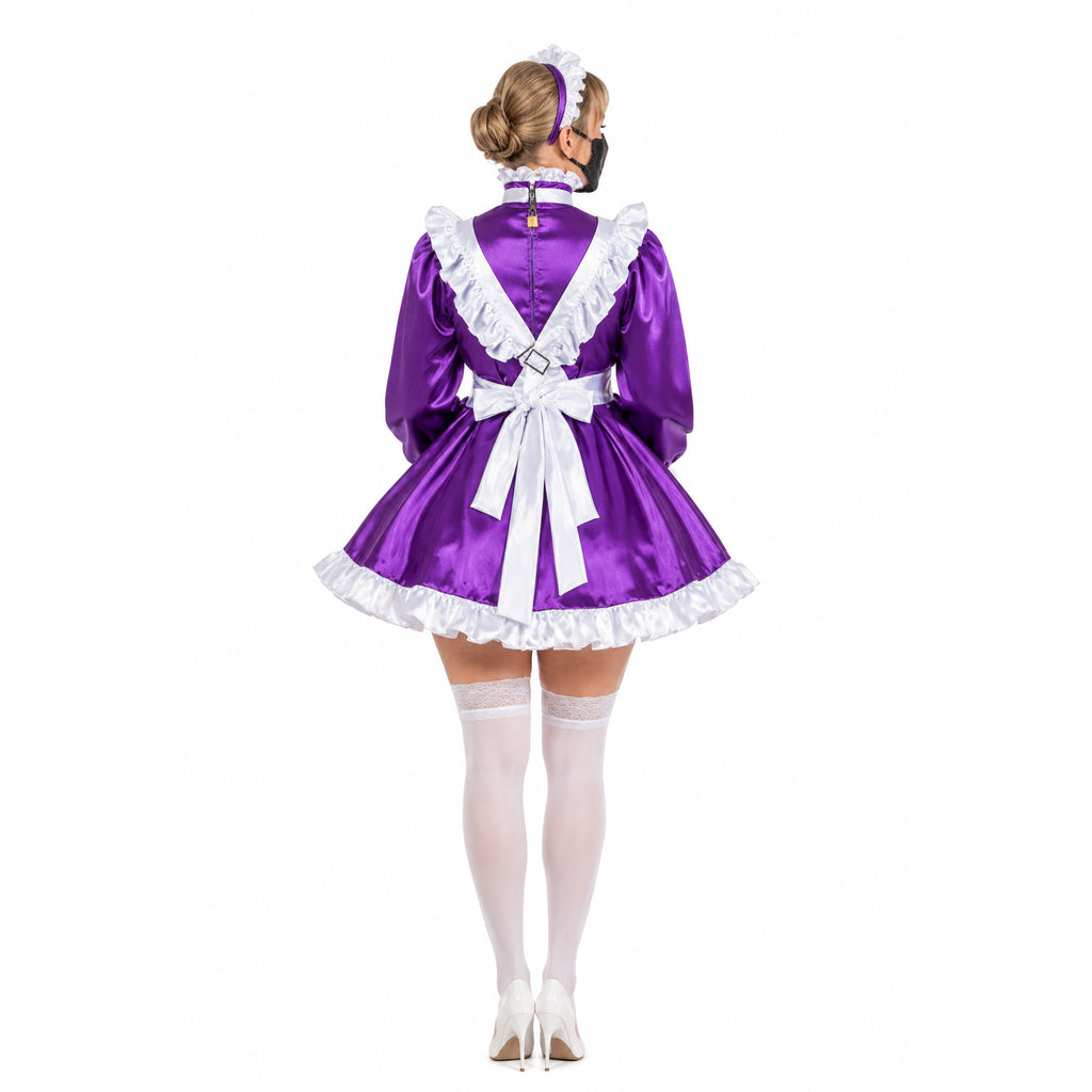 Purple sissy maid dress with white ruffles, bow, and lace stockings, back view