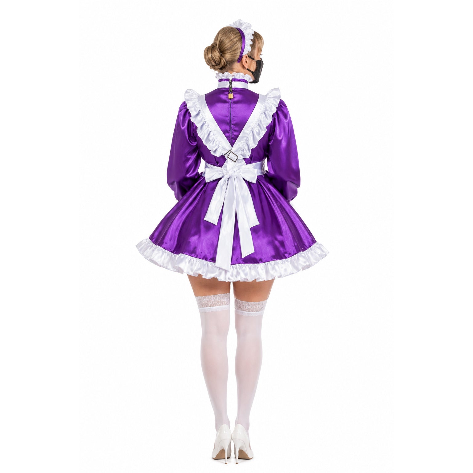 Purple sissy maid dress with white ruffles, bow, and lace stockings, back view