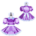 Purple satin sissy maid dress with white ruffles, apron, and bonnet, shown front and back