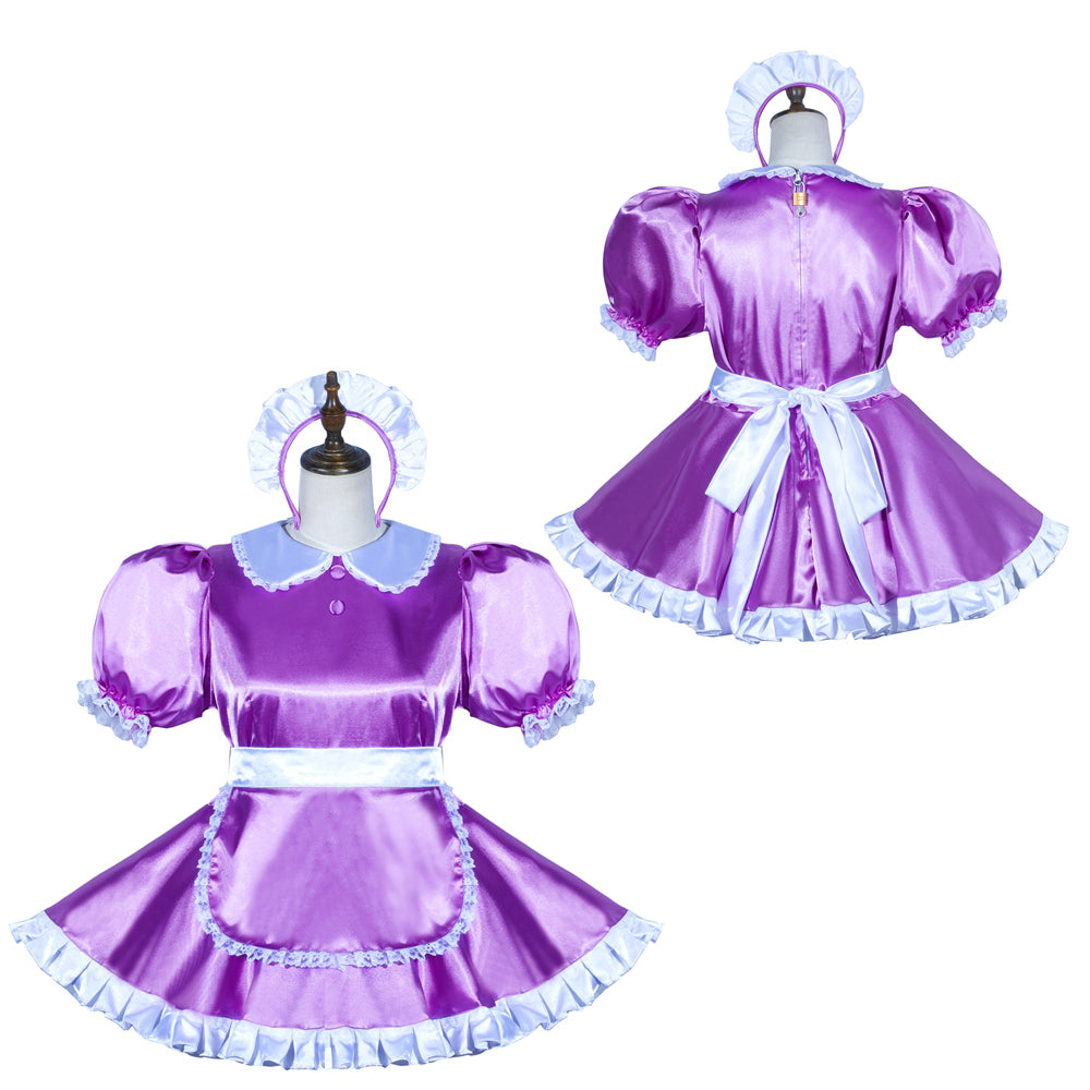 Purple satin sissy maid dress with white ruffles, apron, and bonnet, shown front and back