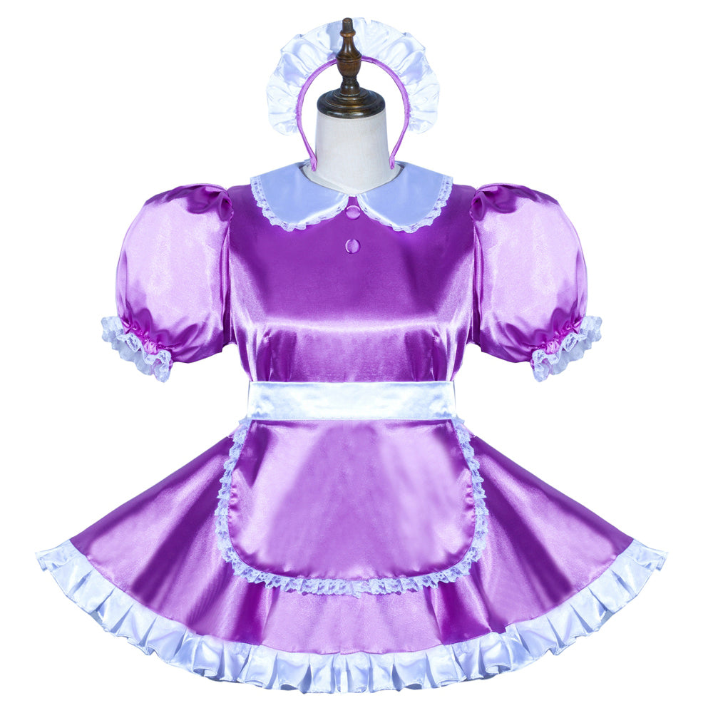Purple sissy maid dress with white lace trim, puffed sleeves, and matching headband on mannequin