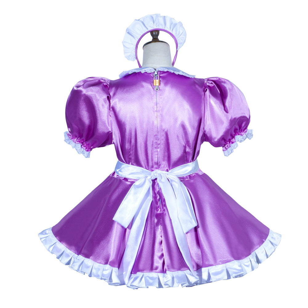 Purple satin sissy maid dress with white ruffles, bow, and lockable back, displayed on mannequin