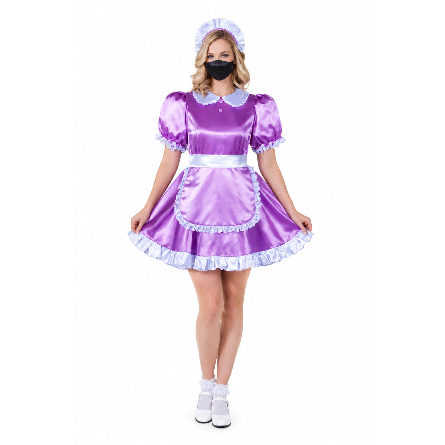 Purple satin sissy maid dress with white ruffles, apron, and matching hat, styled for costume fashion.