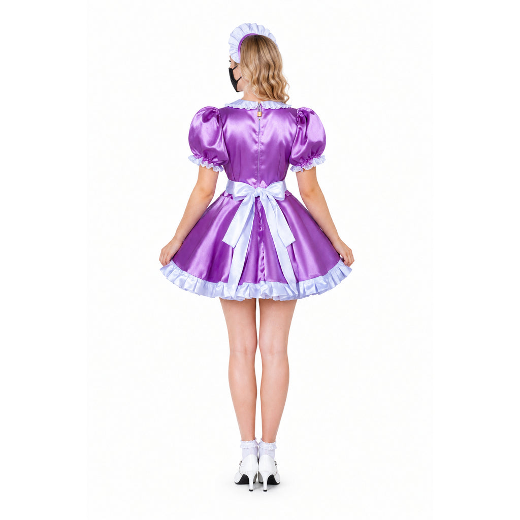 Purple satin sissy maid dress with white lace trim, bow, and matching cap, shown from back