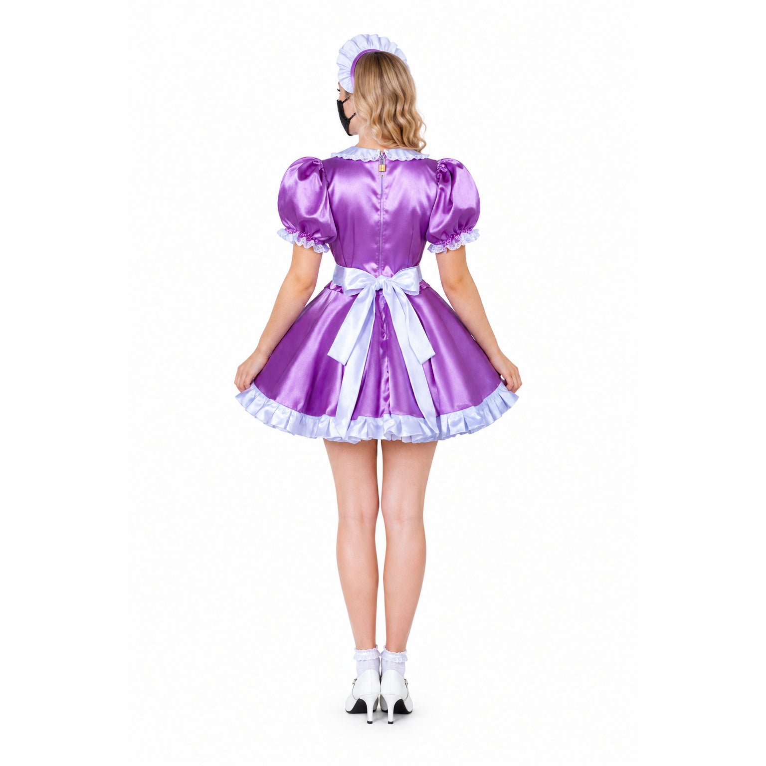 Purple satin sissy maid dress with white lace trim, bow, and matching cap, shown from back