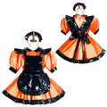 Orange and black sissy maid dress with PVC apron, ruffles, and matching headband on mannequin