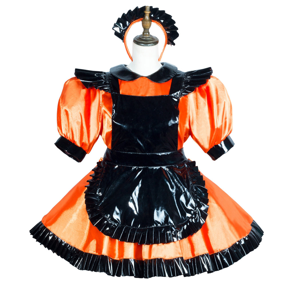 Orange and black sissy maid dress with PVC apron, puffed sleeves, and matching headband