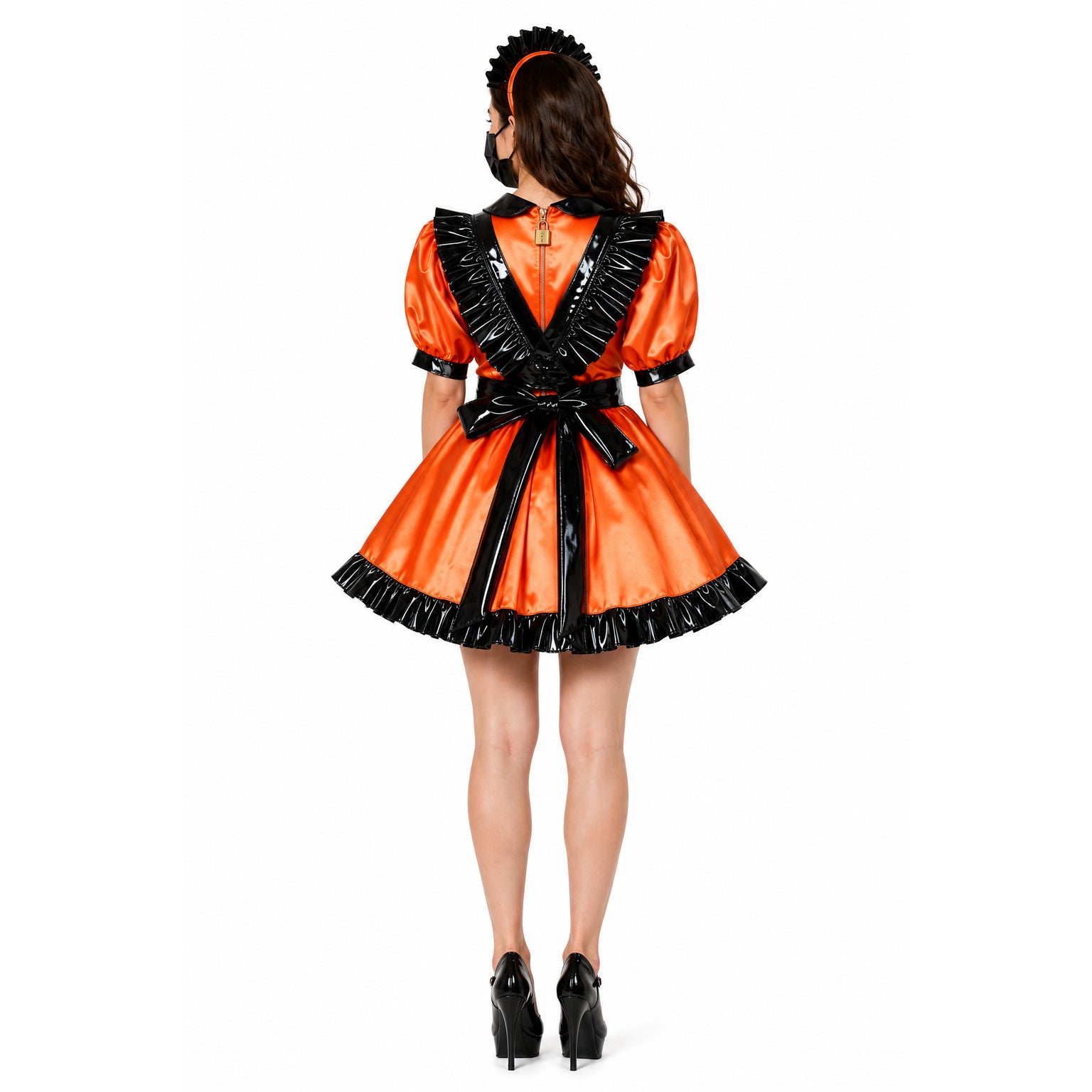 Orange sissy maid dress with black PVC trim, bow, and lock detail, shown from back