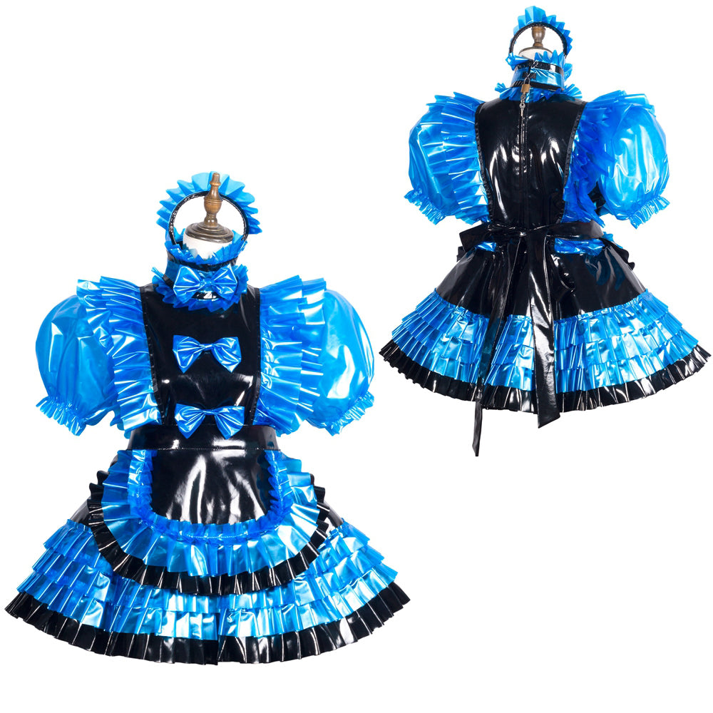 Blue and black sissy maid dress with ruffles, bows, and PVC material, shown front and back
