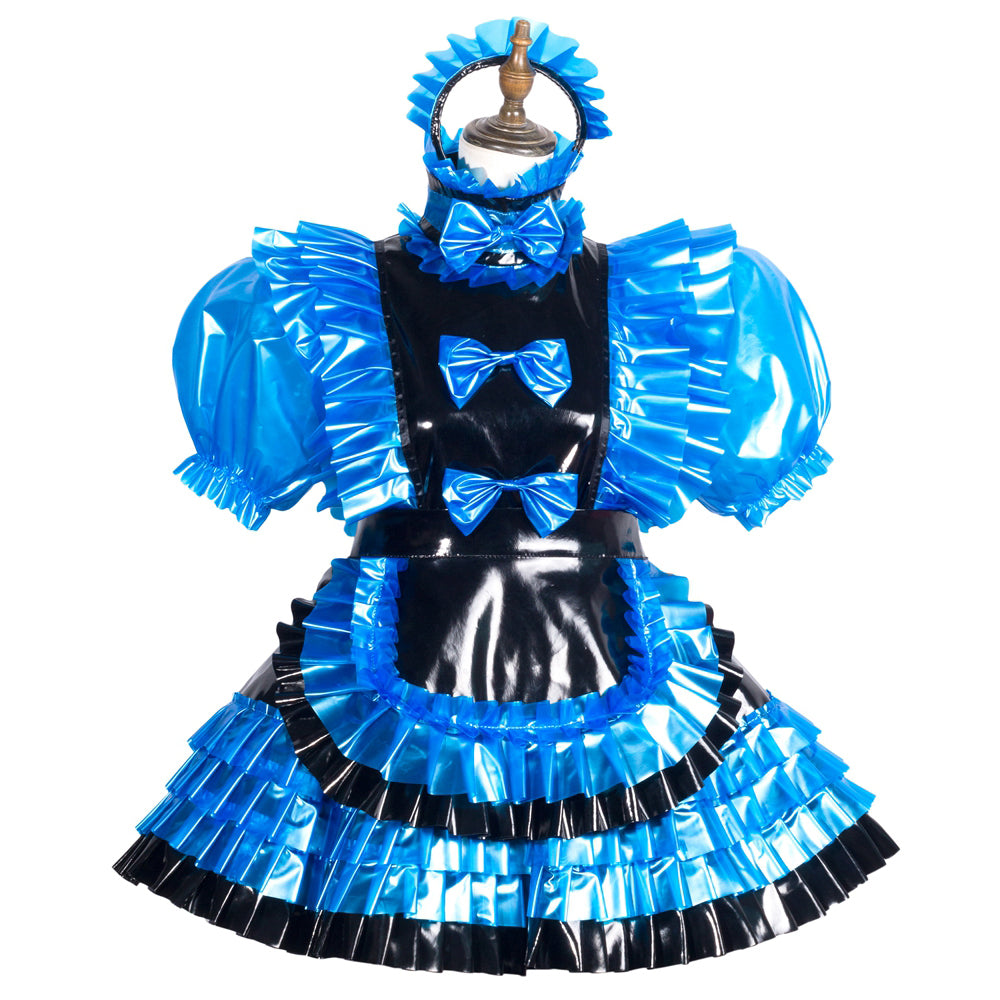 Blue and black sissy maid dress with ruffles, bows, and PVC material on mannequin