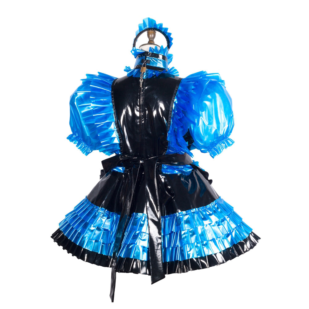 Blue and black PVC sissy maid dress with ruffled sleeves and skirt, lockable design