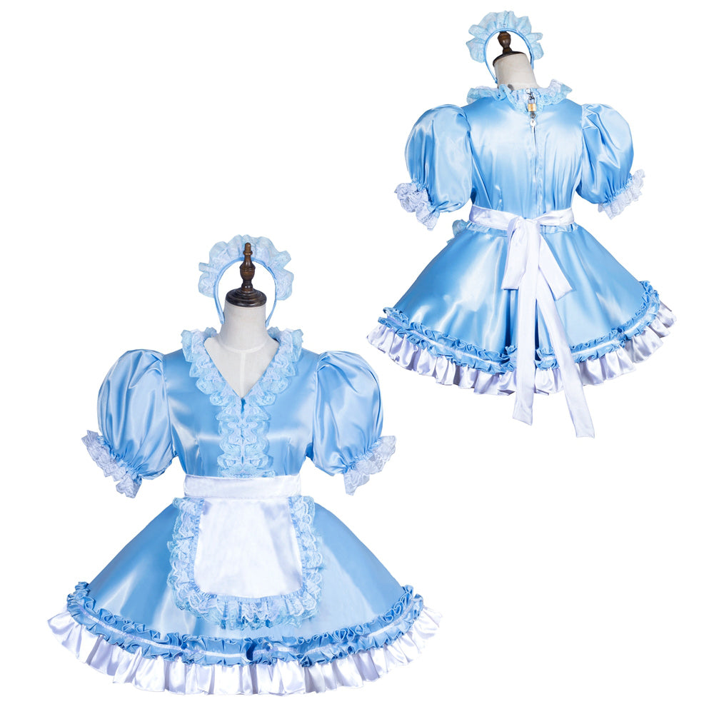 Light blue sissy maid dress set with ruffles, puffed sleeves, and white apron, displayed on mannequins
