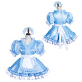 Light blue sissy maid dress set with ruffles, puffed sleeves, and white apron, displayed on mannequins