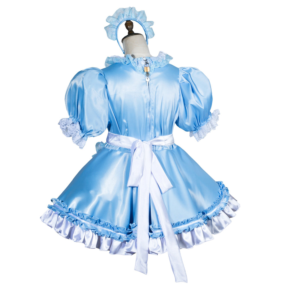 Light blue sissy maid dress with ruffles, puff sleeves, and white ribbon belt on mannequin