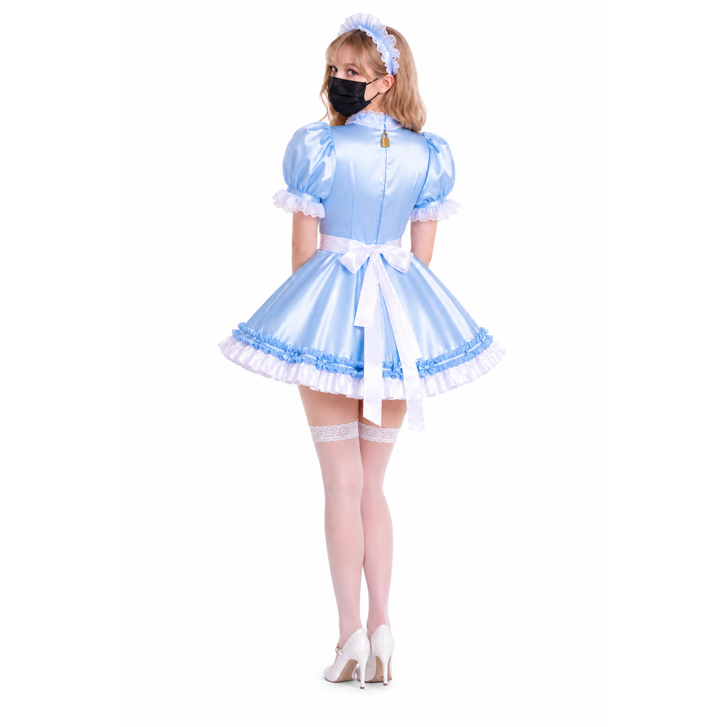 Light blue sissy maid dress with white lace trim, bow, and matching headband, worn with thigh-high stockings and heels