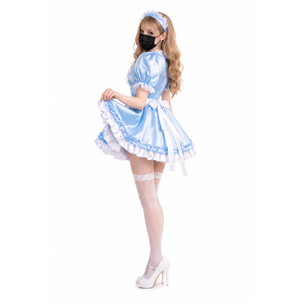 Blue sissy maid dress with ruffles, white bow, and matching headband, styled with thigh highs and heels