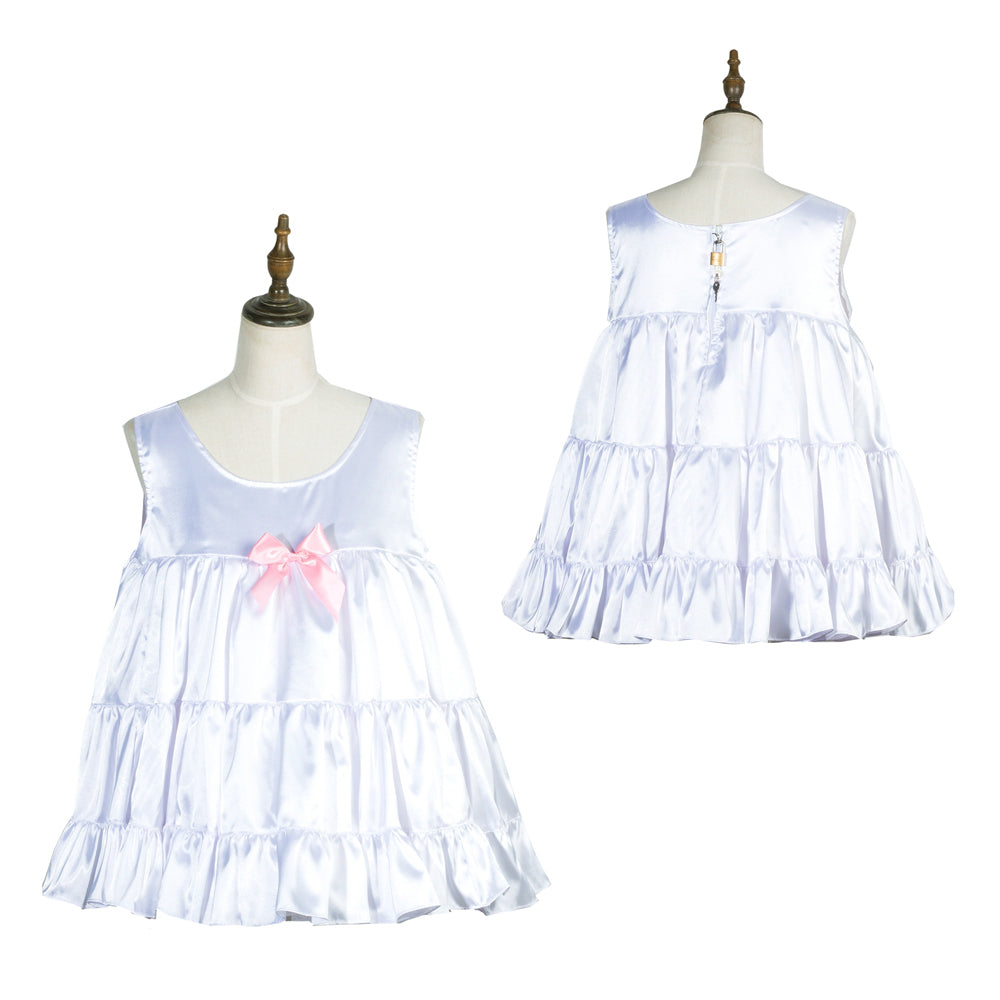 White sissy maid dress with pink bow, tiered ruffles, and lockable back detail on mannequin