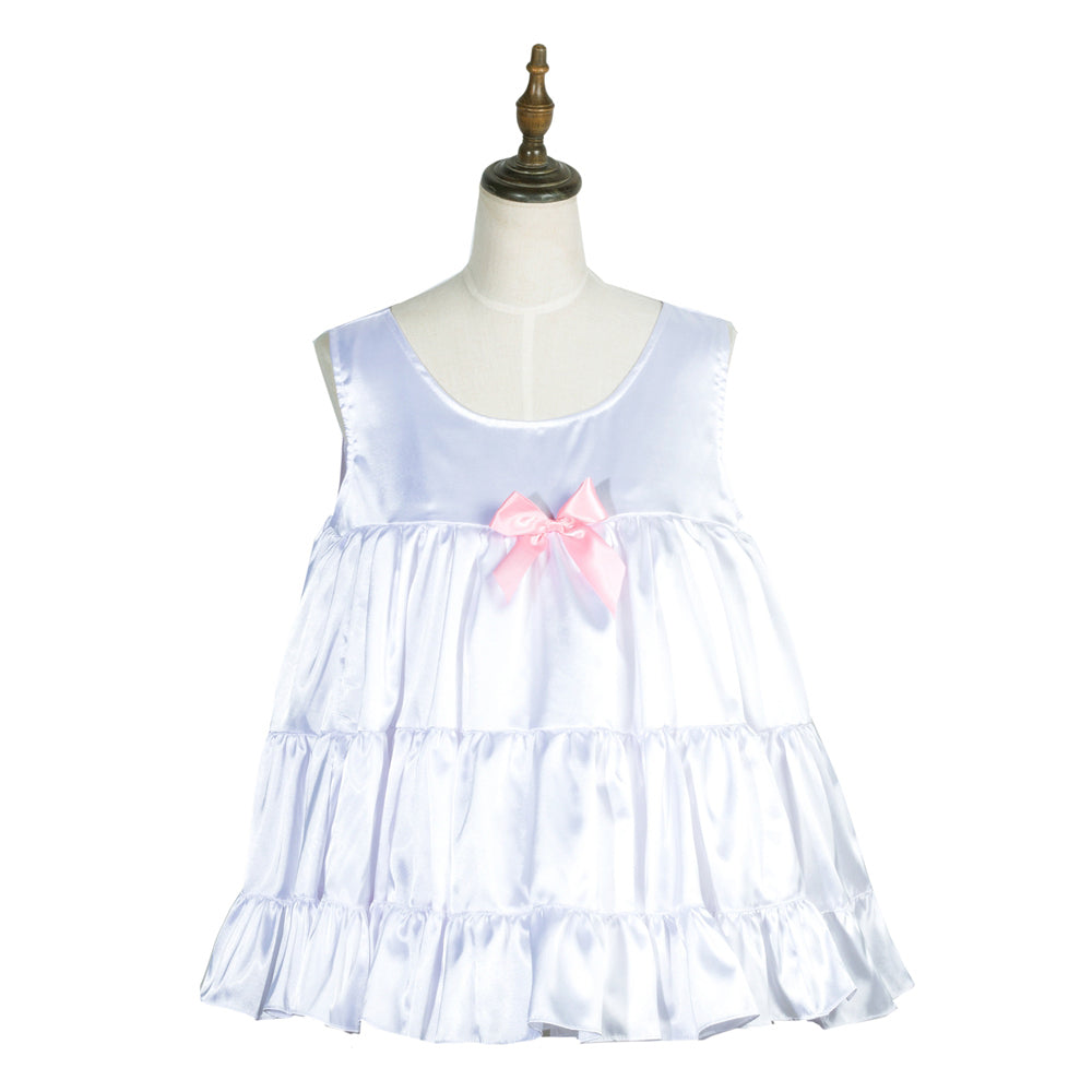 White satin sissy maid dress with pink bow, tiered ruffles, and sleeveless design on mannequin