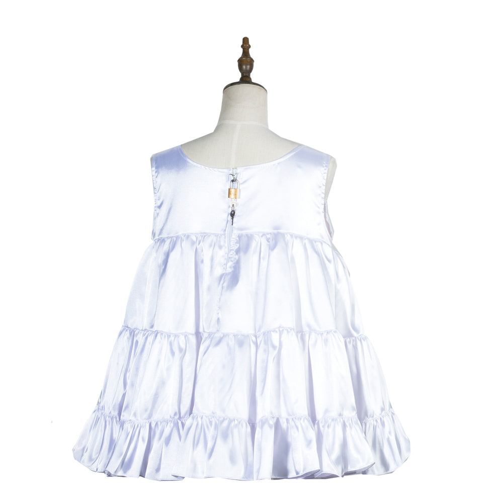 White satin sissy maid dress with ruffled tiers and back lock detail on mannequin