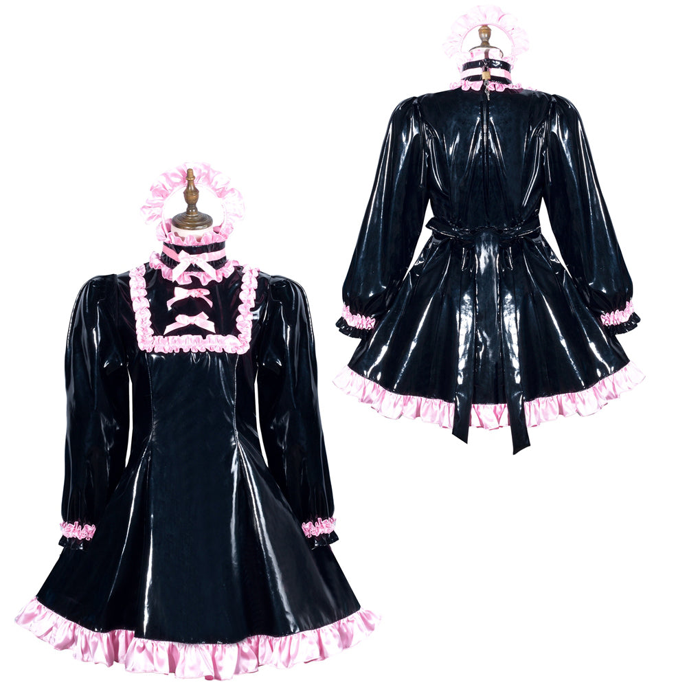 Black PVC sissy maid dress with pink ruffles, front and back view on mannequin