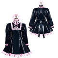 Black PVC sissy maid dress with pink ruffles, front and back view on mannequin