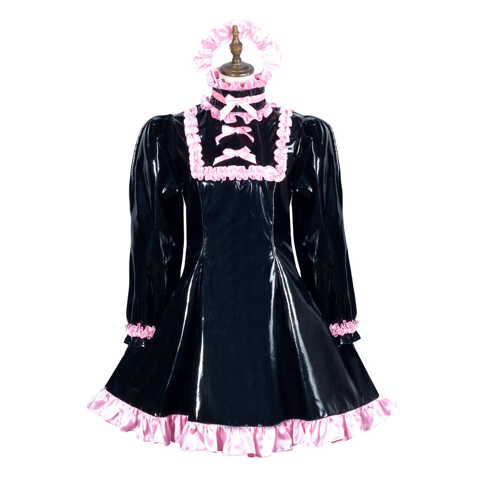 Black PVC sissy maid dress with pink ruffles and bows, featuring long sleeves and a flared skirt.
