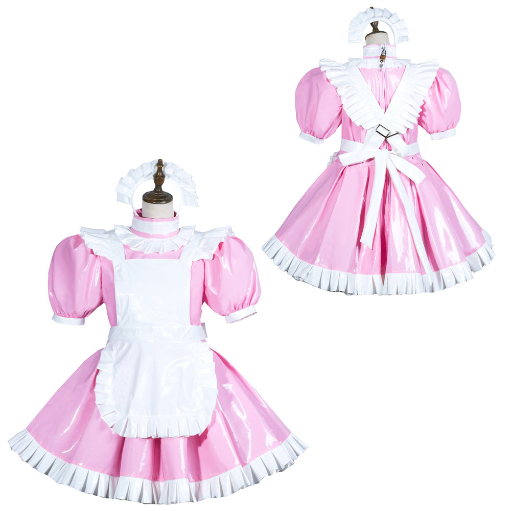 Pink PVC sissy maid dress with white ruffles, apron, and matching bonnet, showcasing front and back views.