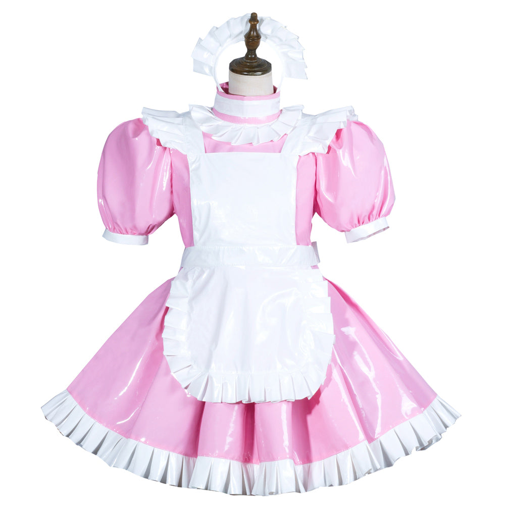 Pink and white sissy maid dress with PVC apron, ruffles, and matching headpiece on mannequin