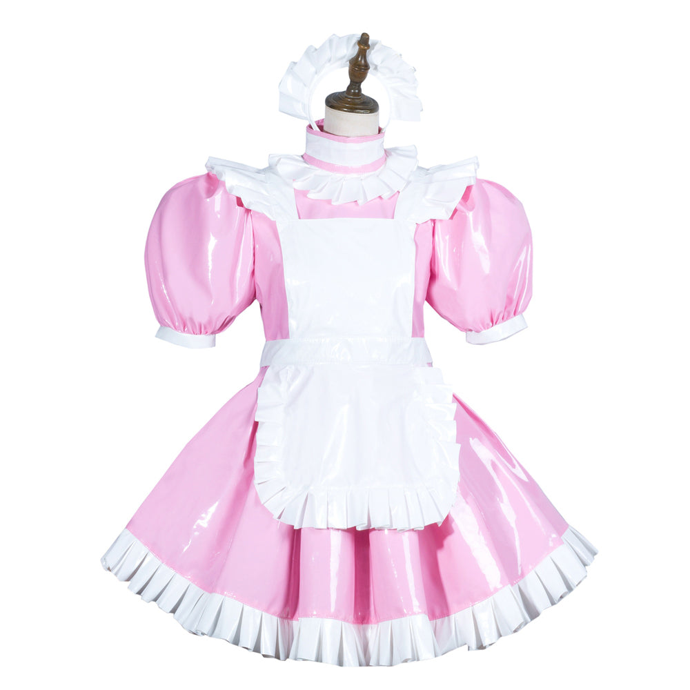 Pink and white sissy maid dress with ruffles, apron, and matching headpiece on mannequin