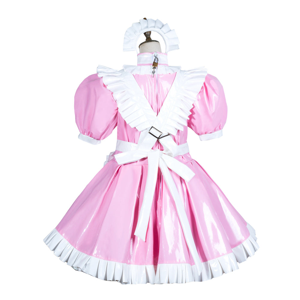 Pink sissy maid dress with white ruffles, puffed sleeves, and bow waist, displayed on mannequin