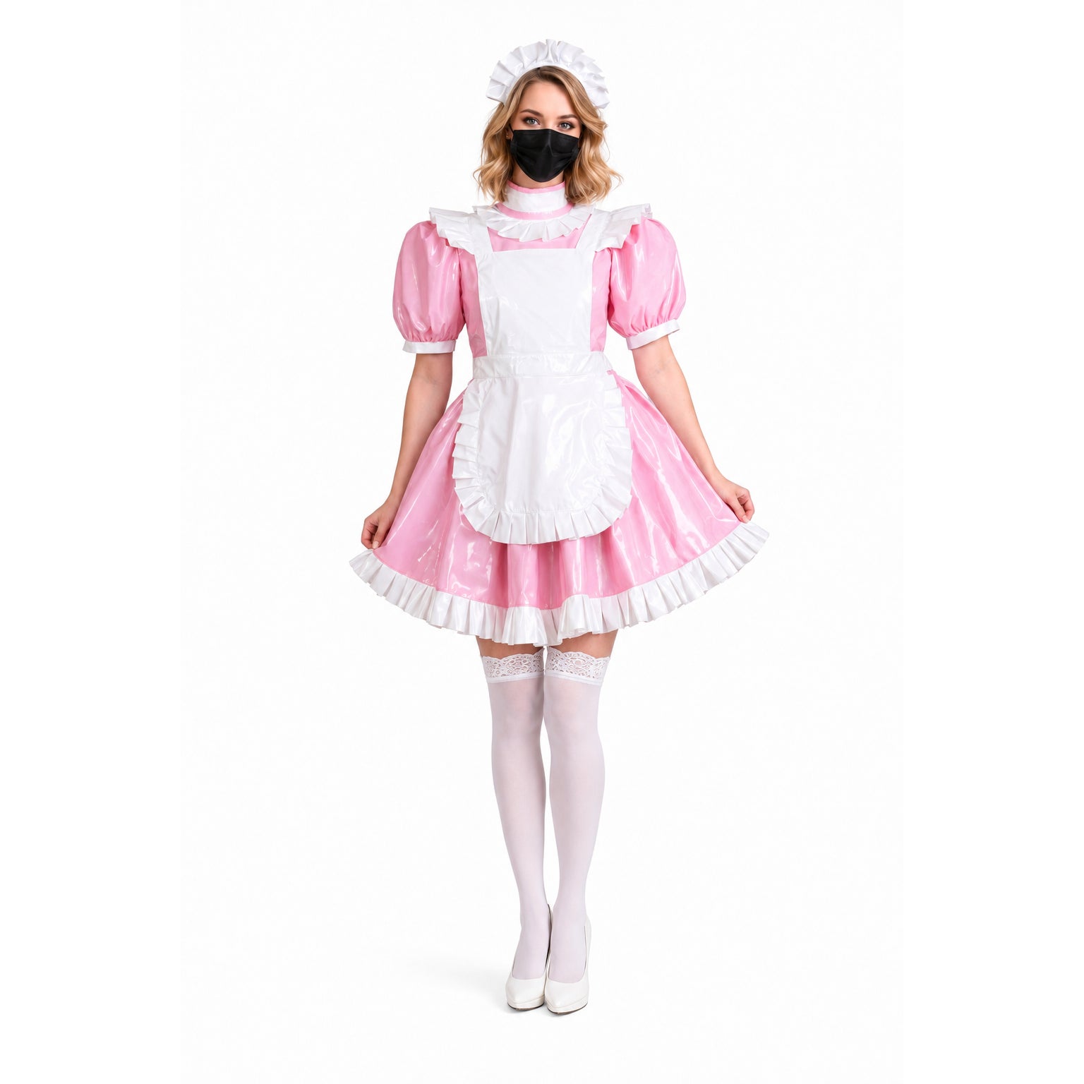 Pink and white PVC sissy maid dress with ruffles, apron, and matching hat
